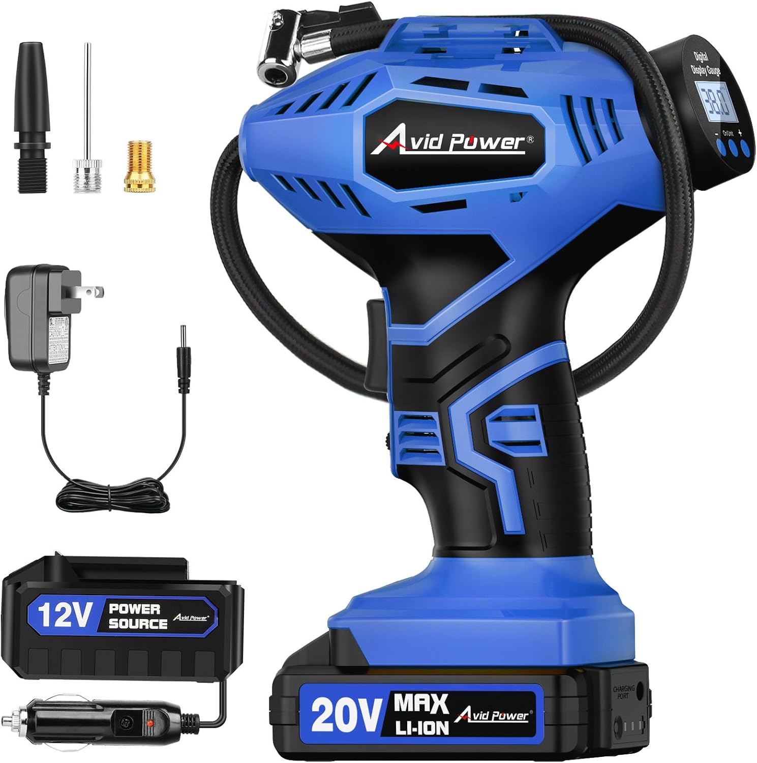 Inflador Portátil Inalámbrico de Neumáticos Avid Power 20V con Batería Recargable + Adaptador 12V DC, Compresor de Aire Digital con Luz LED y Apagado Automático